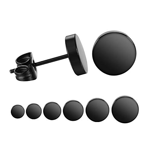 Product Cover LIEBLICH Black Round Stud Earrings Set Stainless Steel Ear Studs for Men Women 6 Pairs 3mm-8mm ... (Black)