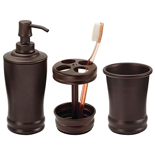 Product Cover mDesign Classic Soap Dispenser Pump, Toothbrush Holder Stand, Tumbler for Bathroom Vanities - Set of 3, Bronze