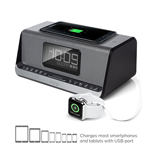 Product Cover iHome Ibn350 Alarm Clock FM NFC Bluetooth Radio with Lightning iPhone QI Wireless Charging Dock Station for iPhone Xs, Max, XR, X, iPhone 8/7/6 Plus USB Port to Charge Any USB Device