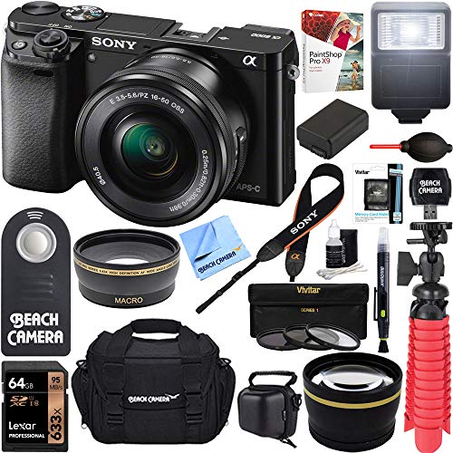 Product Cover Sony Alpha a6000 24.3MP Wi-Fi Mirrorless Digital Camera + 16-50mm Lens Kit (Black) + 64GB SD Card + DSLR Photo Bag + Extra Battery + Wide Angle Lens + 2X Telephoto Lens + Flash Bundle