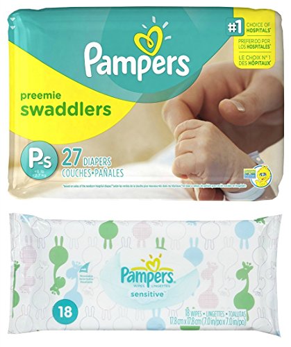 Product Cover Diaper / Baby Wipe Travel Pack | Includes Pampers Swaddlers Preemie (27 count) and Sensitive Wipes Resealable Container (18 count)