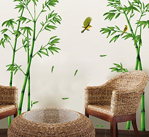 Product Cover ufengke Chinese Stytle Green Bamboo and Bird Wall Decals, Living Room Bedroom TV Wall Removable Wall Stickers Murals