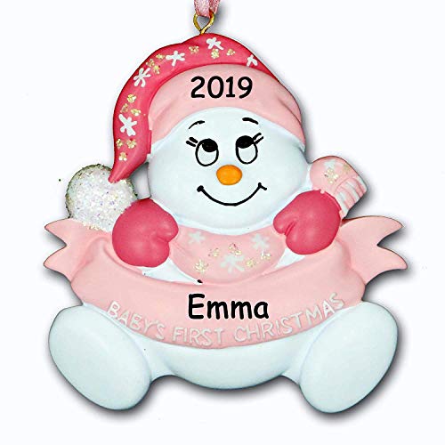 Product Cover Rudolph and Me Personalized 2019 Baby's First Christmas Ornament in Pink for Baby Girl 1st Keepsake Tree Ornament with Snowman Santa Stocking Cap - Free Name Customization (Pink)