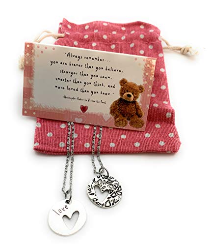 Product Cover Smiling Wisdom - Pooh Bear Heart Encouraging Quote Gift Set - 2-Sided Love Heart Pendant Necklace Jewelry - Daughter Girls Tween Teens & Women - Braver Smarter and More Loved Message