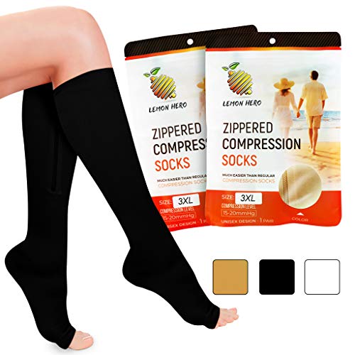 Product Cover Zippered Medical Compression Socks with Zipper Safe Protection & Open Toe (Sizes Med to Wide 6XL) Support Stockings for Men and Women (Med Calf 9-10 inch Black)