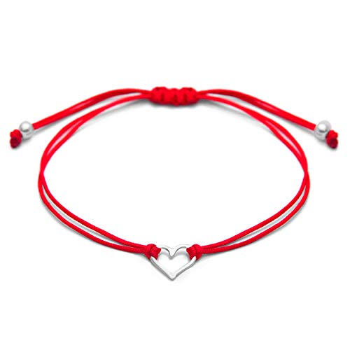 Product Cover Red Womens Friendship Bracelet, Small Handmade Sterling Silver 925 Open Heart Shaped Charm, Pull Adjustable Kindred Cord Thread. Handmade Heart Gift Set