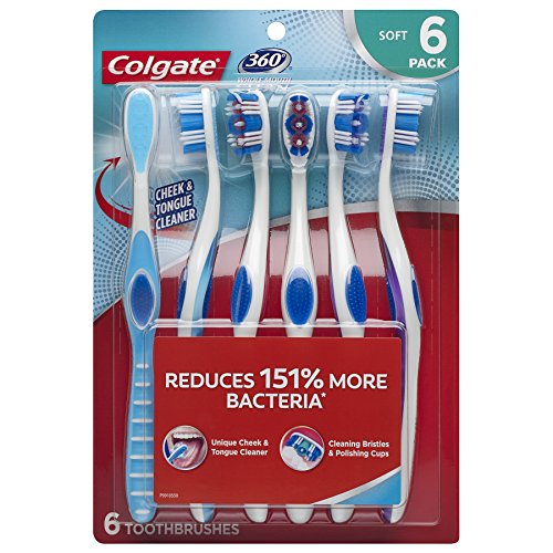 Product Cover Colgate 360° Toothbrush with Tongue and Cheek Cleaner, Soft - 6 Count
