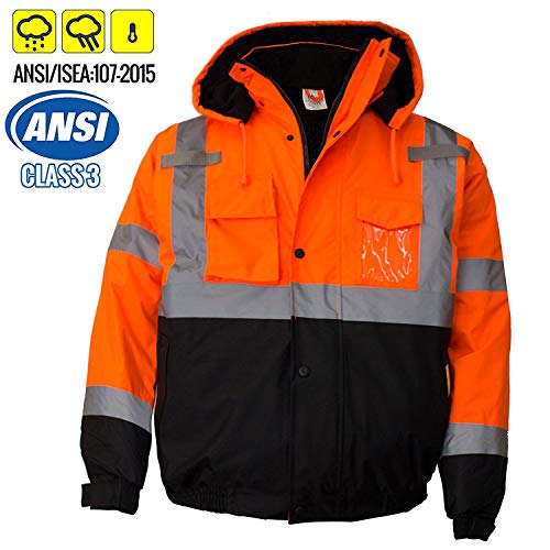 Product Cover New York Hi-Viz Workwear WJ9011-XL Men's ANSI Class 3 High Visibility Bomber Safety Jacket, Waterproof (Extra Large, Orange)