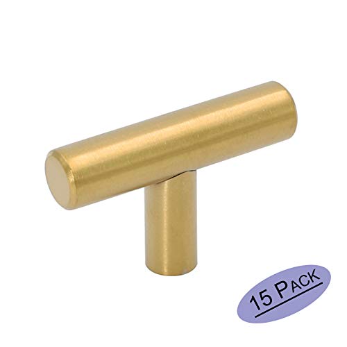 Product Cover Goldenwarm 15Pack Single Hole Gold Cabinet Knobs and Pulls Door Cupboards Drawers Bedroom Furniture Handles 50mm/2in Overall Length Brushed Brass