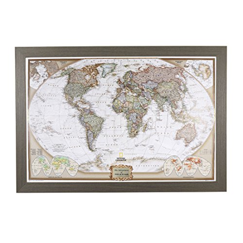 Product Cover Push Pin Travel Maps Personalized Executive World with Barnwood Gray Frame and Pins - 27.5 inches x 39.5 inches