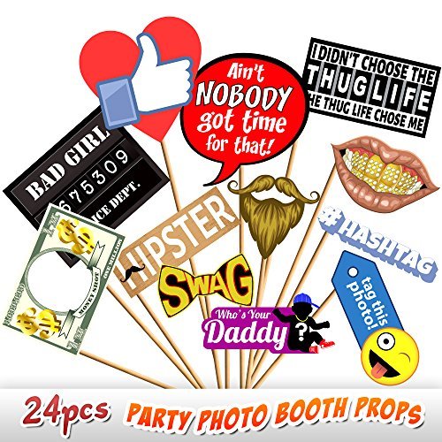 Product Cover 24pc Party Photo Booth Props, Novelty Dress Up Accessories, Decorations for Birthday Parties, Emoji Photo Booth Prop, Hipster Bow Tie, Social Media Like Button, Grillz Teeth, etc.