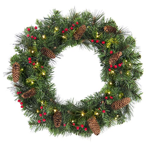 Product Cover Best Choice Products 24-inch Pre-Lit Cordless Artificial Spruce Christmas Wreath w/ 50 LED Lights, Silver Bristles, Pine Cones, Berries, Green