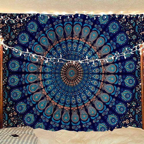 Product Cover Bless International Indian Hippie Bohemian Psychedelic Peacock Mandala Wall Hanging Bedding Tapestry (Blue Green, Queen(84x90Inches)(215x230Cms))