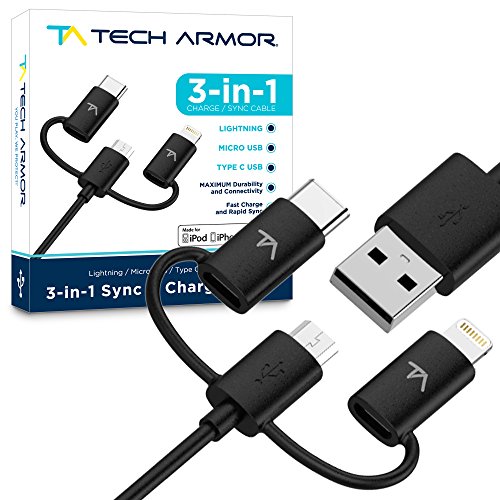 Product Cover Tech Armor 3-in-1 (Type C/Lightning/Micro) USB Charging Cable - Sync/Charge Apple and Android - 3 Foot Black - mFi Certified