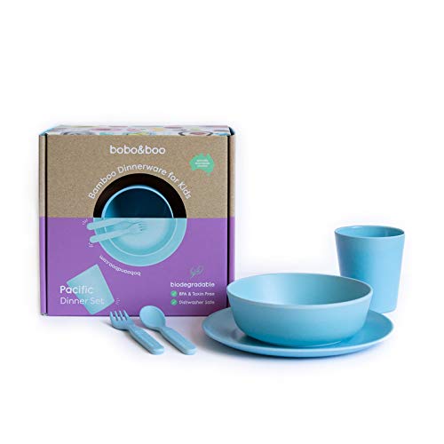 Product Cover Bobo&Boo Bamboo 5 Piece Children's Dinnerware, Pacific Blue, Non Toxic & Eco Friendly Kids Mealtime Set for Healthy Infant Feeding, Great Gift for Birthdays, Christmas & Preschool Graduations