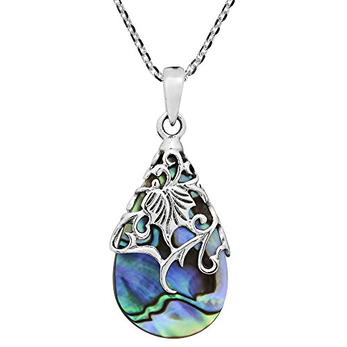 Product Cover Vintage Floral Vine Adorned Teardrop Abalone Shell .925 Sterling Silver Pendant Necklace