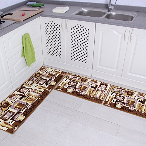 Product Cover Carvapet 3 Piece Non-Slip Kitchen Mat Rubber Backing Doormat Runner Rug Set, Coffee Design (Brown 15