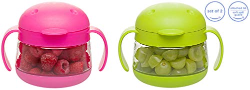 Product Cover Ubbi cute BPA-free twin pack tweat snack container with attached lid and soft spill-proof guard, Pink/Green