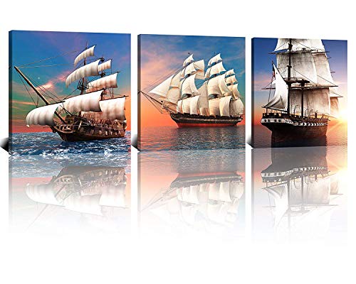 Product Cover NAN Wind 3 Pcs 12X12inches Ocean Modern Giclee Canvas Prints Pirate Ship Sailing on The Ocean Sunset Wall Art Seascape Pictures on Canvas Stretched and Framed Ready to Hang for Home Decor Ship Decor