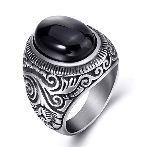 Product Cover Elfasio Men Stainless Steel Rings Natural Oval Black Onyx Gem Ring Vintage Jewelry Size 8-15