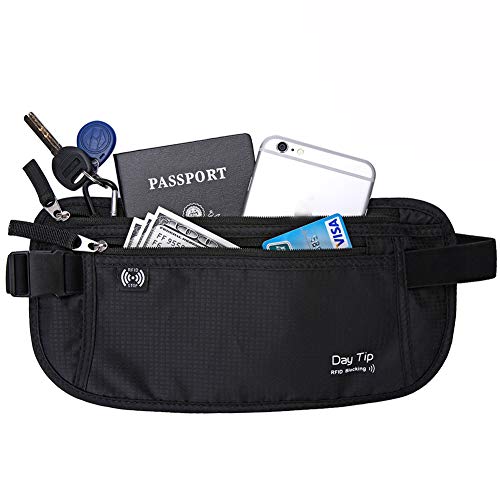 Product Cover Day Tip Money Belt - Passport Holder Secure Hidden Travel Wallet with RFID Blocking, Undercover Fanny Pack (Black)