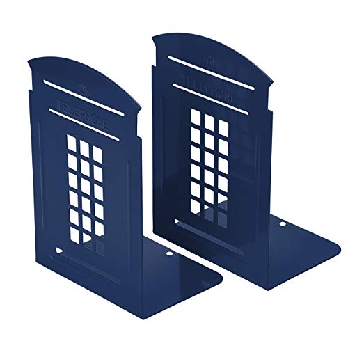Product Cover Bookends Blue, MerryNine 1 Pair Heavy Metal Non Skid Sturdy Telephone Booth Decorative Gift for Bookshelf Office School Library