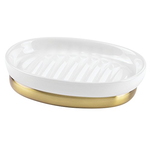 Product Cover InterDesign York Ceramic Bathroom Vanity Soap Dish, Ridged Soap Saver Design, White/Soft Brass