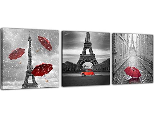 Product Cover NAN Wind 3 Pcs Paris Canvas Prints Black and White Canvas with Red Umbrella Eiffel Tower Decor Red Car Red Wall Art Paintings on Canvas Stretched and Framed Ready to Hang for Home Decor