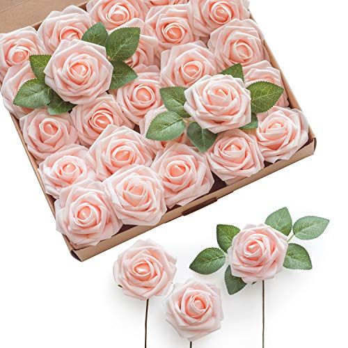 Product Cover Ling's moment Artificial Flowers Blush Roses 50pcs Real Looking Fake Roses w/Stem for DIY Wedding Bouquets Centerpieces Bridal Shower Party Home Decorations