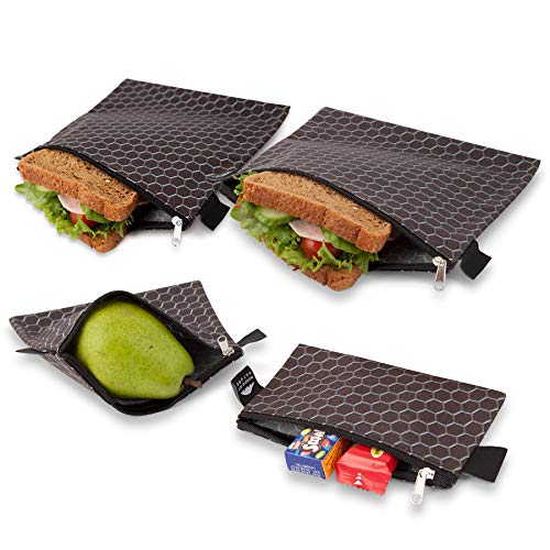 Product Cover Nordic By Nature 4 Pack - Reusable Sandwich Bags Dishwasher Safe BPA Free - Durable Washable Quick Dry Cloth Baggies -Reusable Snack Bags For Kids School Lunches - Easy Open Zipper - (Black Metal)