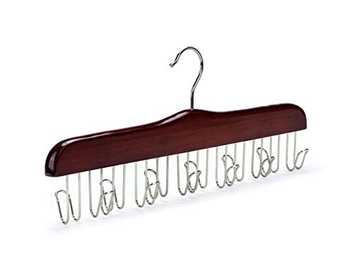 Product Cover Amber Home 16 Inches Gugertree Wooden Collection Multifunctional Closet Accessories 12 Belt and Tie Hanger Cherry Color (Chrome Hook)