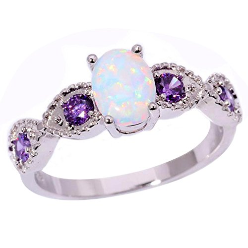 Product Cover CiNily 18K Gold Plated Opal Ring- White Fire Opal & Amethyst & Cubic Zirconia Women Jewelry Gemstone Engagement Anniversary Ring Size 5-12