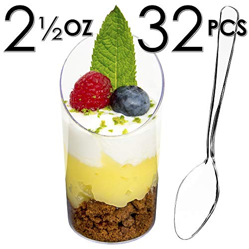 Product Cover DLux 32 x 2.5 oz Mini Dessert Cups with Spoons, Slanted Round - Clear Plastic Parfait Appetizer Cup - Small Disposable Reusable Serving Bowl for Tasting Party Desserts Appetizers - With Recipe Ebook