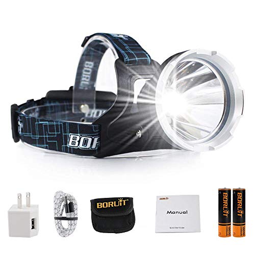 Product Cover Boruit B10 LED Micro USB Headlamp 3 Modes Super Bright 6000lumens XM-L2 Battery Powered Helmet Light Waterproof Lighwight Headlight for Camping, Running, Hiking (SOS Whistle)