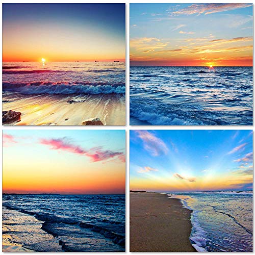 Product Cover TutuBeer Beach Sunset Wall Art Giclee Canvas Sea Sunset Sunset Beach Wall Art Ocean Canvas Prints Wave Canvas Stretched and Framed Pictures Paintings Artwork for Living Room Home Decor,4 pcs/Set