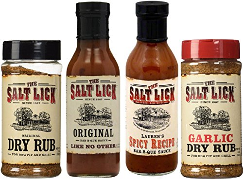 Product Cover Salt Lick Favorites Assortment, one each of Original Dry Rub, Original Sauce, Spicy Sauce and Garlic Dry Rub