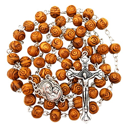 Product Cover BLESSED CATHOLIC ROSARY NECKLACE Olive Wood Carved Beads With Jerusalem Soil & Cross Crucifix in Gift Box