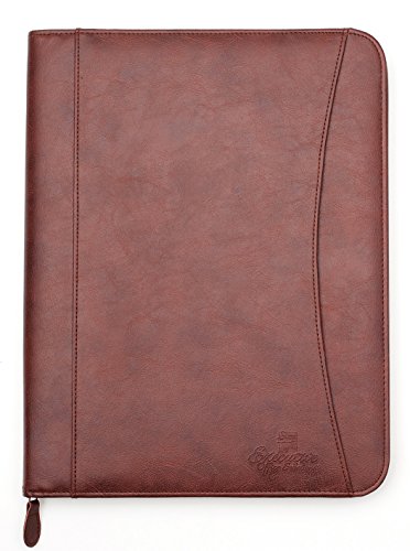 Product Cover Professional Executive PU Leather Business Resume Portfolio Padfolio Organizer with iPad Mini or Tablet Sleeve Holder, Zipper, Paper Pad, Card Holders, Pen Holder, Document Folder - Brown