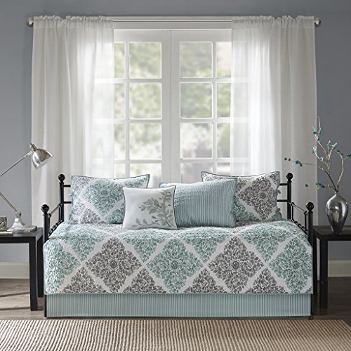 Product Cover Madison Park Claire Daybed Size Quilt Bedding Set - Aqua, Grey , Leaf Geometric - 6 Piece Bedding Quilt Coverlets - Ultra Soft Microfiber Bed Quilts Quilted Coverlet
