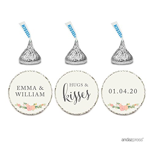 Product Cover Andaz Press Personalized Wedding Chocolate Drop Label Stickers, Hugs and Kisses, Floral Roses, 216-Pack, for Engagement Bridal Shower Hershey's Kisses Party Favors