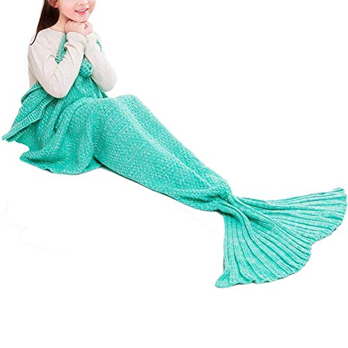 Product Cover JR.WHITE Mermaid Tail Blanket for Kids Adult,Hand Crochet Snuggle Mermaid,All Seasons Seatail Sleeping Bag Blanket (Mint)