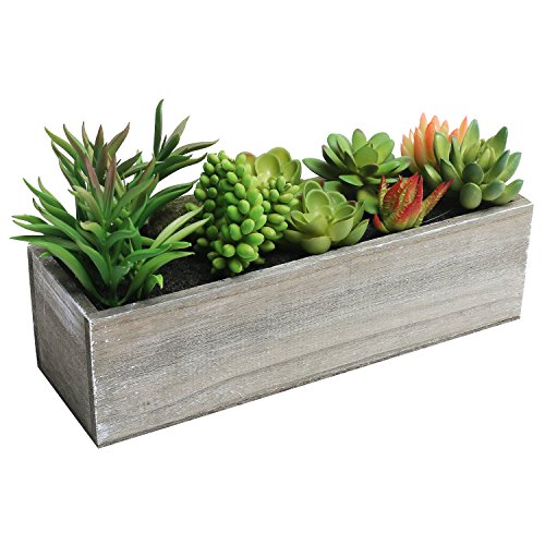 Product Cover MyGift Artificial Mixed Succulent Plants in Rectangular Brown Wooden Planter Box