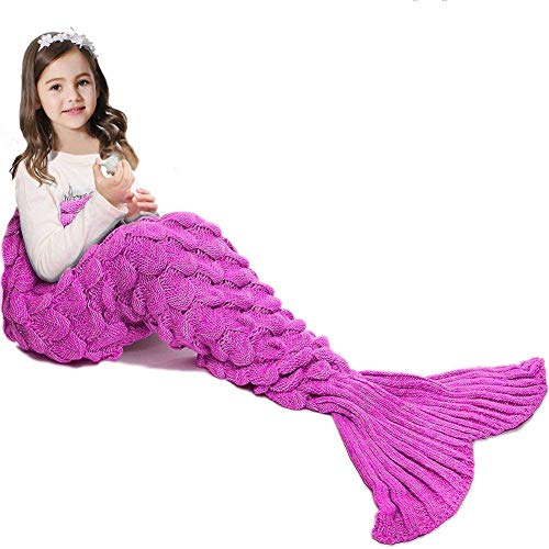 Product Cover JR.WHITE Mermaid Tail Blanket for Kids, Hand Crochet Snuggle Mermaid,All Seasons Seatail Sleeping Bag Blanket (Pink)