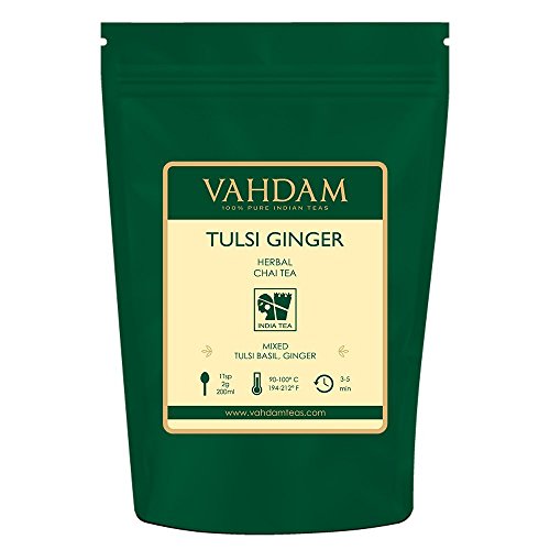Product Cover VAHDAM, Tulsi Ginger Herbal Tea (50 Cups) | STRESS RELIEVING & REFRESHING | Masala Chai Tea | Delicious Blend Of Ginger Tea & Tulsi Tea | Spiced Chai Tea Loose Leaf | Brew As Hot or Iced Tea | 3.53oz