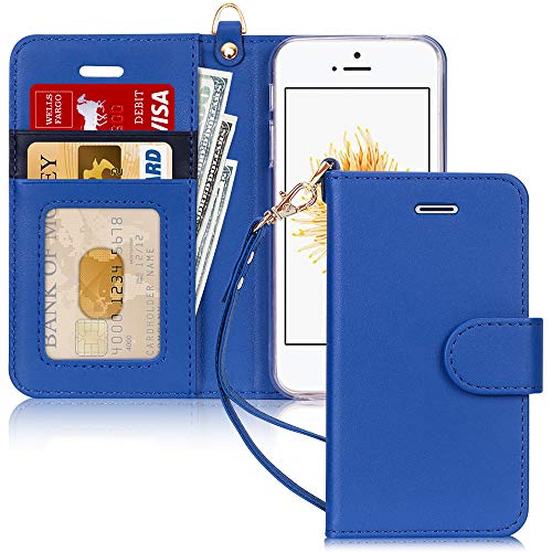 Product Cover FYY Case for iPhone SE/iPhone 5S/iPhone 5, [Kickstand Feature] Luxury PU Leather Wallet Case Flip Folio Cover with [Card Slots][Wrist Strap] for iPhone SE/iPhone 5S/iPhone 5-Navy Blue