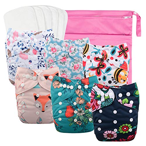 Product Cover Babygoal Reusable Cloth Diapers for Girls, Adjustable Washable Nappy 6pcs+ 6pcs Microfiber Inserts+One Wet Bag 6YDG08