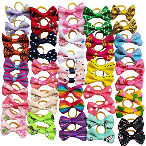 Product Cover Chenkou Craft 50pcs/25pairs New Dog Hair Bows with Rubber Band Bow Pet Grooming Products Mix Colors Varies Patterns Pet Hair Bows Dog Accessories