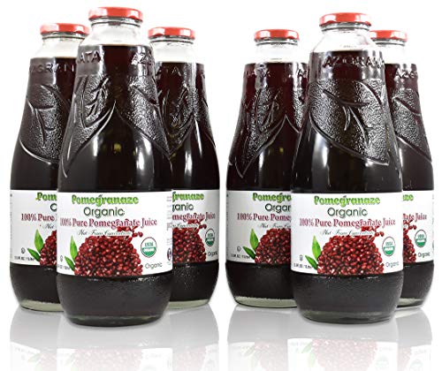 Product Cover 100% Pomegranate Juice - 6 Pack ,33.8Fl Oz - USDA Organic Certified - Glass Bottle - No Sugar Added - No Preservatives - Squeezed From Fresh Pomegranates