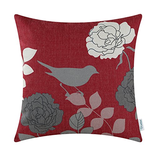 Product Cover CaliTime Canvas Throw Pillow Cover Case for Couch Sofa Home Decoration Floral Cartoon Shadow Bird Silhouette 18 X 18 Inches Burgundy Ground Grey Bird