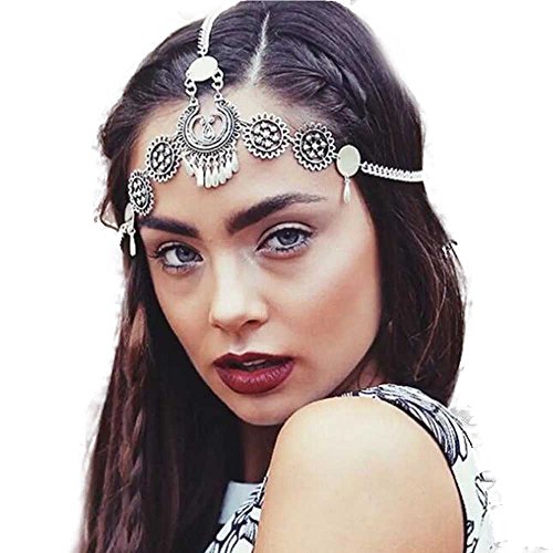Product Cover Missgrace Gypsy Vintage Silver Metal Chain Jewelry Headband Head Hair Band Tassels Pearl Bridal Head Chain for Women and Girls